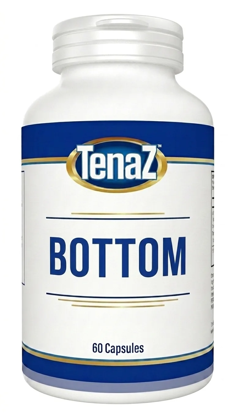 TenaZ Bottom lower-body wellness supplement, white 60-capsule bottle with blue and white TenaZ label
