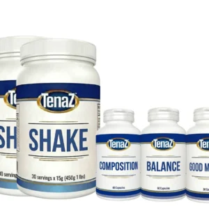 TenaZ Reset Pack bundle showing the Meal Shake meal-replacement powder with Composition Support, Good Morning, Good Night and Balance capsule bottles