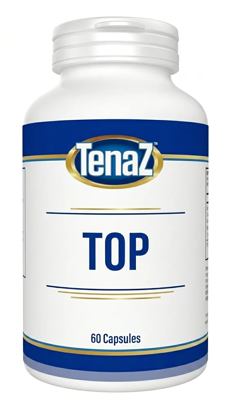 TenaZ Top upper-body wellness supplement, white 60-capsule bottle with blue and white TenaZ label