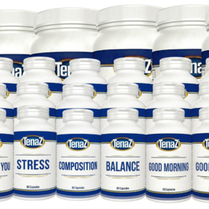 TenaZ Accountability Pack: six TenaZ Shake tubs with No Thank You, Stress, Composition, Balance, Good Morning and Good Night capsule bottles