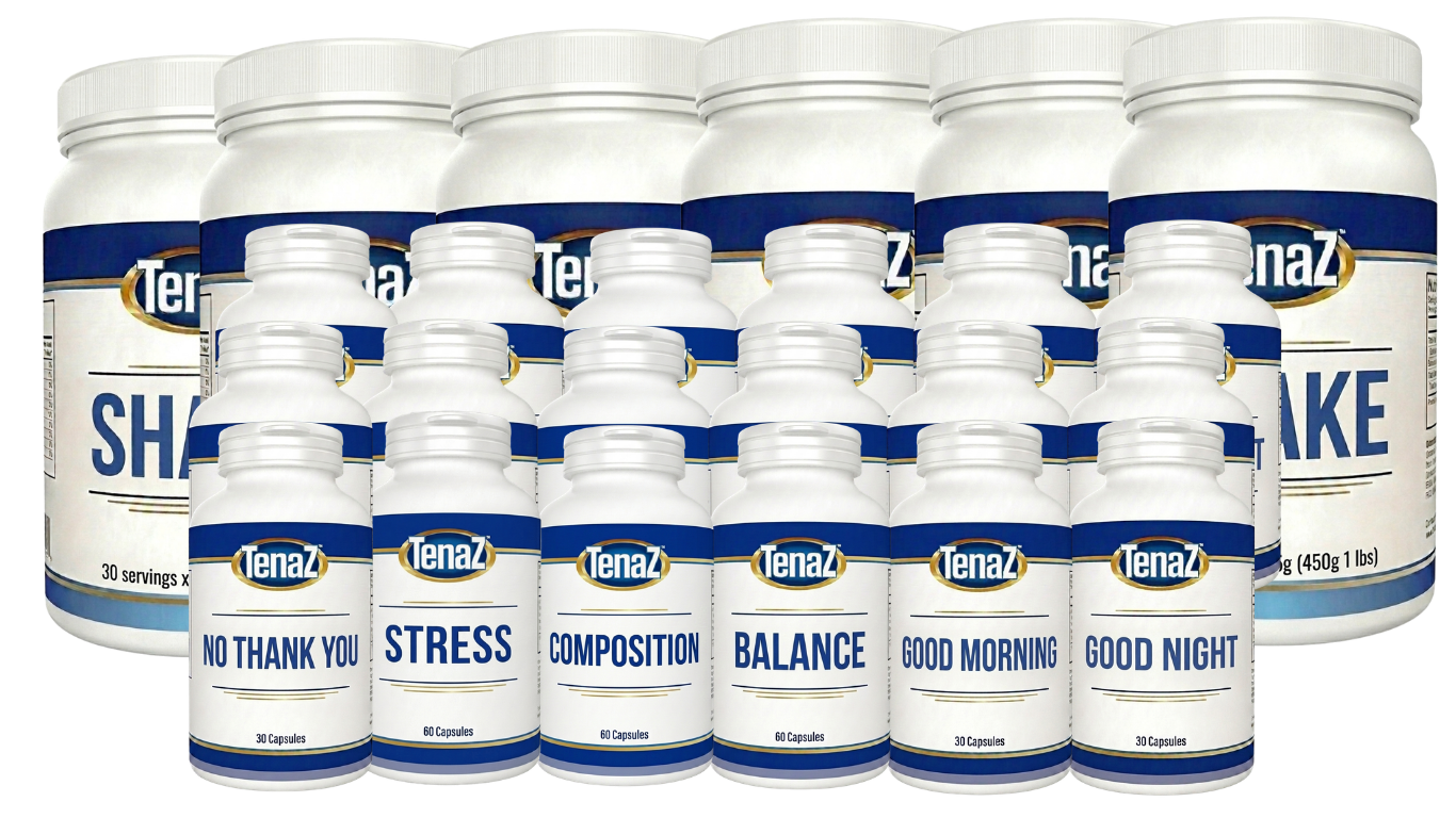 TenaZ Accountability Pack: six TenaZ Shake tubs with No Thank You, Stress, Composition, Balance, Good Morning and Good Night capsule bottles