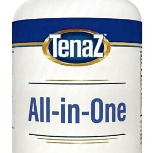 White TenaZ 30-capsule bottle with navy, gold and white label — TenaZ All-in-One daily support capsules.