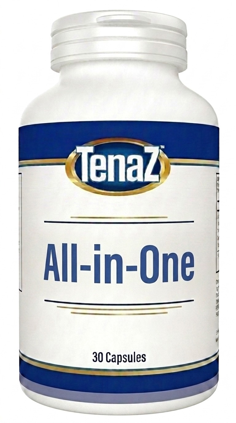 White TenaZ 30-capsule bottle with navy, gold and white label — TenaZ All-in-One daily support capsules.
