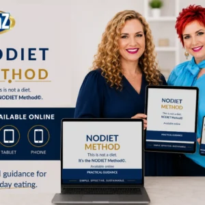 NODIET Method© by TenaZ shown on computer, tablet and phone — an educational balanced-eating framework, now available online.
