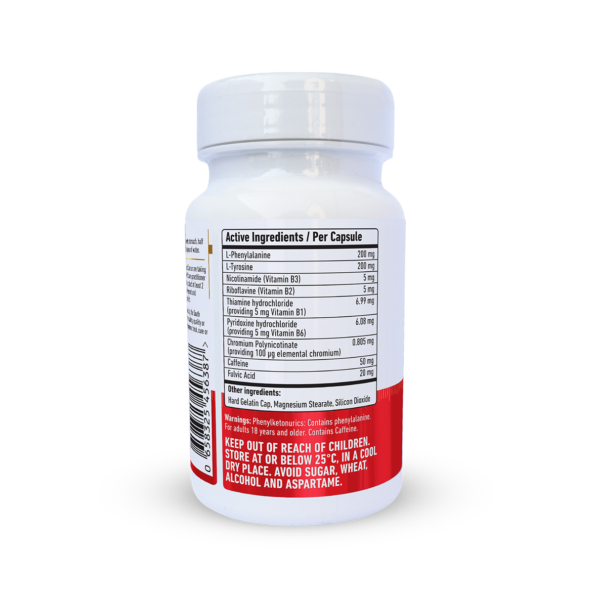 TenaZ ToDo capsule bottle, back label showing the active ingredients per capsule, the warnings and the storage instructions.