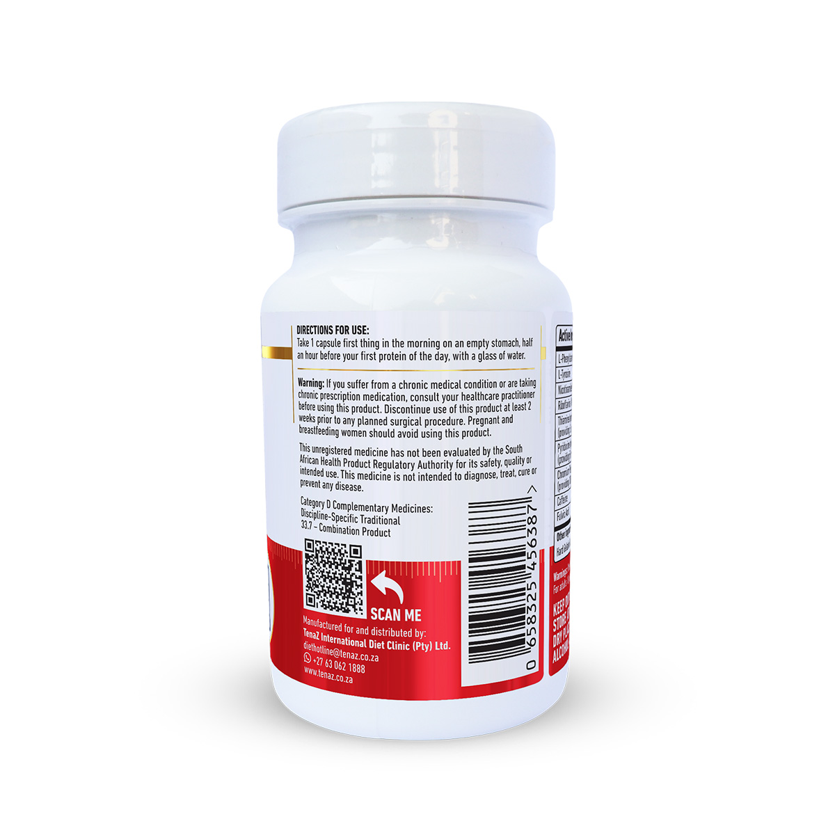 TenaZ ToDo capsule bottle, back label showing the directions for use and the warnings.