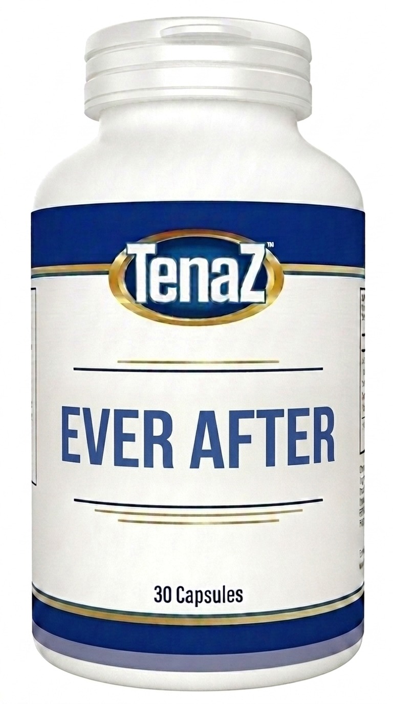 TenaZ Ever After Daily Support capsules — white bottle with navy and gold TenaZ label, 30 capsules