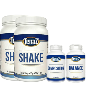 TenaZ Foundation Pack: two TenaZ Shake tubs, one Composition Support capsule bottle and one Balance capsule bottle on a white background