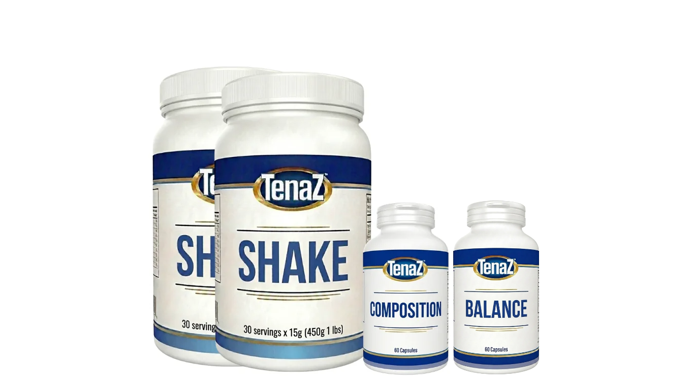 TenaZ Foundation Pack: two TenaZ Shake tubs, one Composition Support capsule bottle and one Balance capsule bottle on a white background