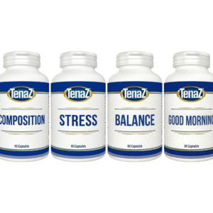 TenaZ Pill Pack: No Thank You, Composition Support, Stress, Balance, Good Morning and Good Night capsule bottles on a white background