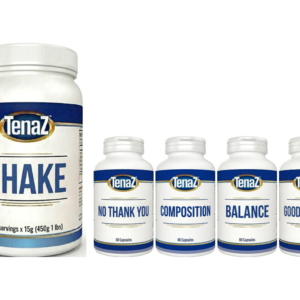 TenaZ Total Reset Pack: two TenaZ Shake tubs with No Thank You, Composition Support, Balance, Good Morning and Good Night capsule bottles on a white background